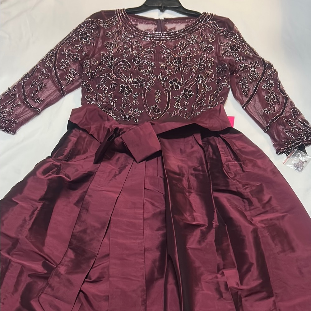Pissaro Nights Burgundy Maxi Dress Bead Top W/Taffeta size 8 NWT